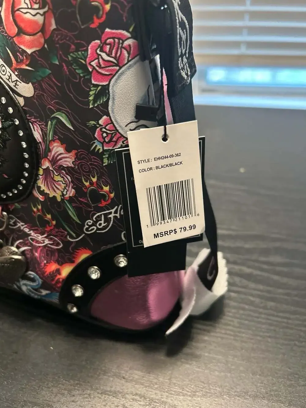 Ed Hardy Tattoo Print Skull & Roses Crossbody Bag with Rhinestone Detail - Picture 5 of 7